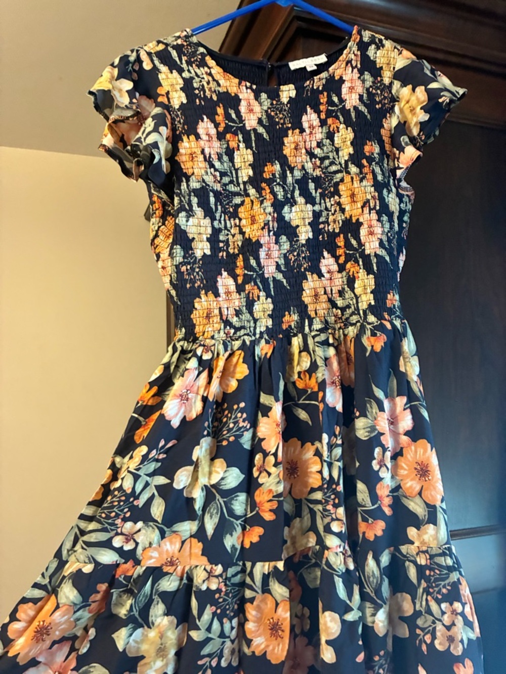 Baltic Born Navy Floral Smocked Dress with Peach & Yellow Blooms